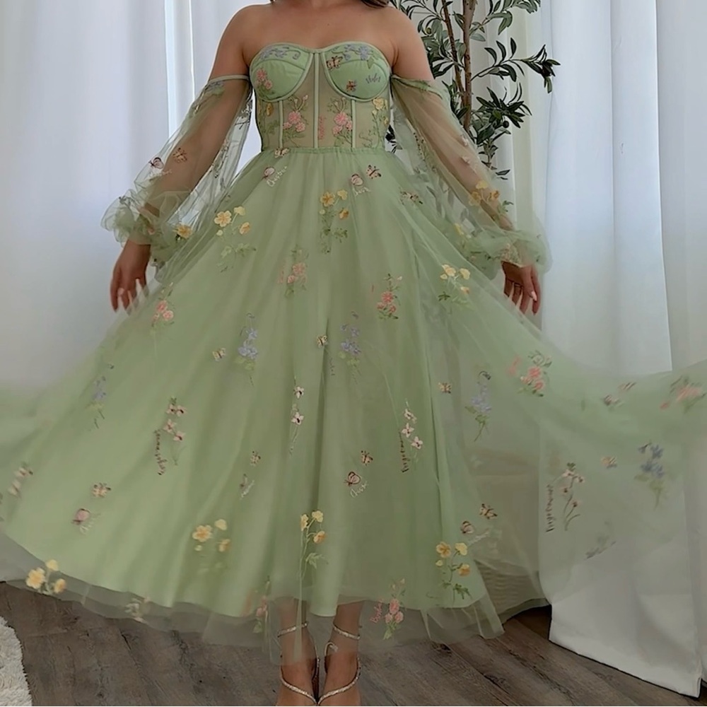 Sage Whimsical Puffy Sleeve Tulle Dress Embroidery Floral
